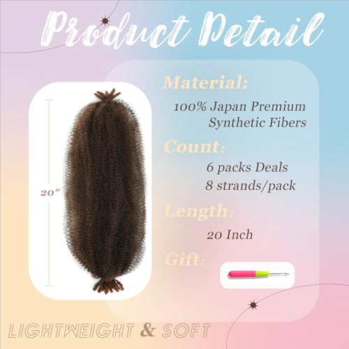 Spring Afro Twist Hair, 20 Inch Springy Marley Twist Braiding Hair Pre-Separated 6 Packs Spring Twist Afro Kinkys Bulk Hair for Soft Locs Crochet Hair Extensions for Black Women (T30, 20inch)
