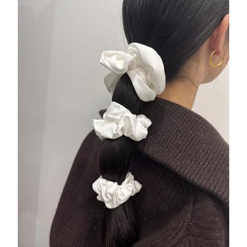 3 Pieces Satin Scrunchies Set for Hair No Crease Elastic Hair Ties for Women and Girls (White)