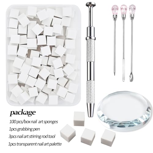 100Pcs/Box Nail Art Sponge for Ombre,Soft Nail Sponges with Grabbing Pen,Gradient Effect Painting Gel Halo Dyeing Tool Brush,Round Glass Palette Mixing Rod for Blooming Nails, Aura Nail,Manicure Salon