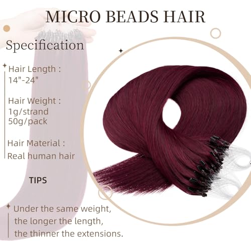 20 Inch Microlink Hair Extensions Micro Bead Extensions Hair Real Human Hair #99J Micro Ring Hair Extensions Red Wine Virgin Remy Micro Link Hair 1g/s 50g