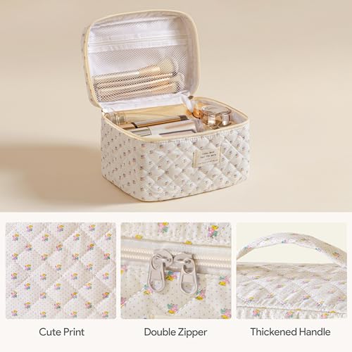 HBselect Quilted Makeup Bag, 3PCS Cotton Large Travel Makeup Bag, Cute Floral Coquette Make up Bag Cosmetic Bag Toiletry Bag for Women Girls