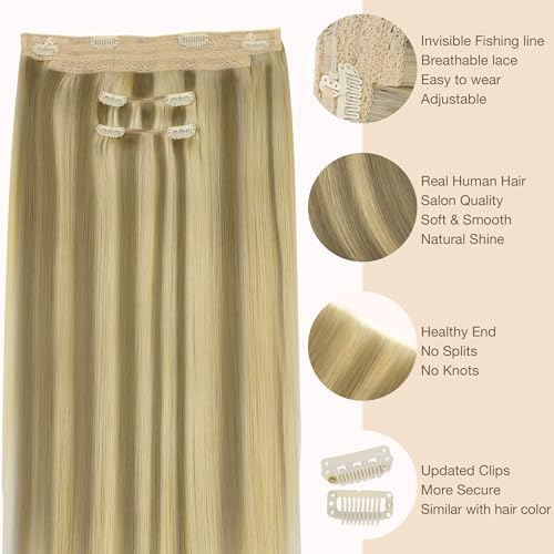GOO GOO Wire Hair Extensions Human Hair, 16/22 Light Blondewith mix Golden Blonde Highlighted 18inch 125g, Invisible Wire Hair Extensions with Transparent, Seamless Fish Line Hairpiece