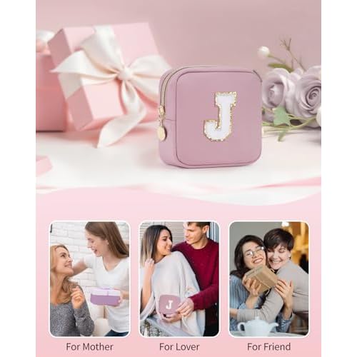 Wandering Nature Personalized Mini Initial Makeup Bag with Glitter Chenille Letter Patch, Small Preppy Makeup Bag with Slip-In Pockets, Ideal Gift for Valentine's Day Mother's Day (Patent Pending)