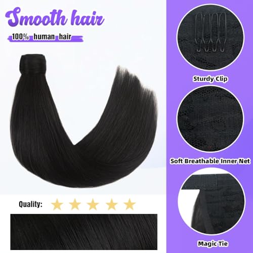 14 Inch Human Hair Ponytail 80g Long Wrap Around Ponytail Natural Black Real Hair Ponytail Extension for Women(14inch,Natural Black)