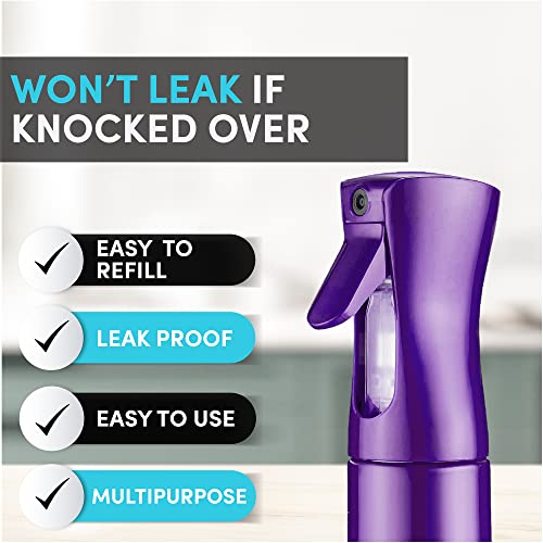 Hula Home Continuous Spray Bottle for Hair (10.1oz/300ml) Empty Ultra Fine Plastic Water Mist Sprayer ? For Hairstyling, Cleaning, Salons, Plants, Essential Oil Scents & More - Purple