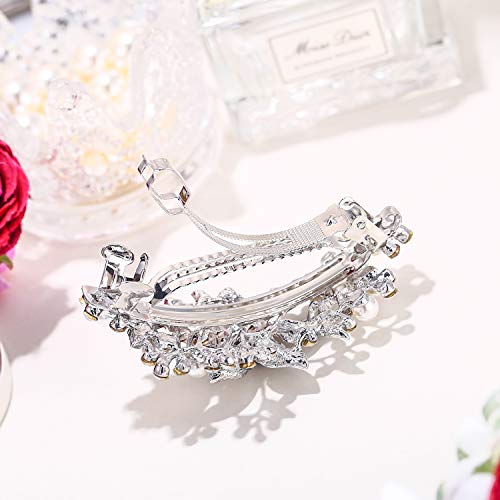 EVER FAITH Austrian Crystal Bridal Hibiscus Cream Simulated Pearl Hair Clip Barrette Blue Silver-Tone