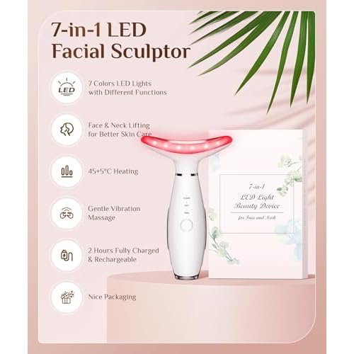 7 Color Galvanic Machines - Red Light Therapy for Face and Neck, Face Massager Tool for Wrinkles, Double Chin, Vibrating Facial Massager with Thermals, White