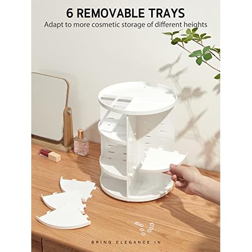 Syntus 360 Rotating Makeup Organizer, DIY Adjustable Bathroom Makeup Carousel Spinning Holder Rack, Large Capacity Cosmetics Storage Box Vanity Shelf Countertop, Fits Makeup Brushes, Lipsticks, White