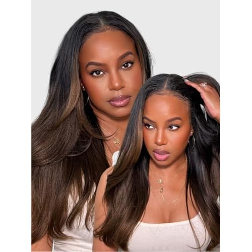 Beauty Forever V Part Wig Human Hair Yaki Straight EasiContour Vpart Wigs No Leave Out Ombre Chestnut Brown Glueless Upgraded U Part Wigs for Women None Lace Front Wigs T128 Color 150% Density 24inch