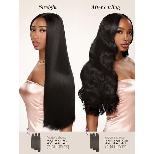 LUVME Straight Human Hair Bundles 16 18 20 Inch, 3 Pack Virgin Brazilian Hair Weave, Unprocessed 15A Grade Double Weft, Silky Natural Look with Thick Ends