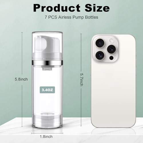 7 Pack Airless Pump Bottles 3.4oz/100ml Lotion Dispenser Travel Pump Bottles for Toiletries Airless Cosmetic Pump Container Airless Pump Jar for Toiletries Shampoo Cream with Labels(Clear)