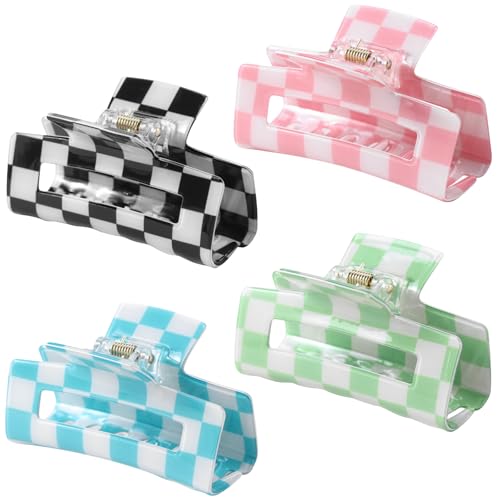 LuSeren 4 Pack 3 Inch colorful Hair Claw Clips for Women, Medium Rectangle Acetate Jaw Clips in Black, Pink,Green, Blue, Stylish Checkered Hair Accessories for Girls
