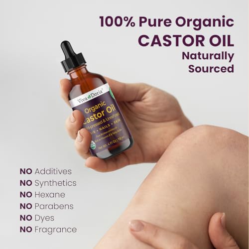 Viva Doria Organic Castor Oil, 4 Fl Oz | Virgin, Cold Pressed, Hexane-Free, Vegan | Nourishing Hair & Skin Care | Eyelash & Brow Serum | Glass Bottle with Dropper Top
