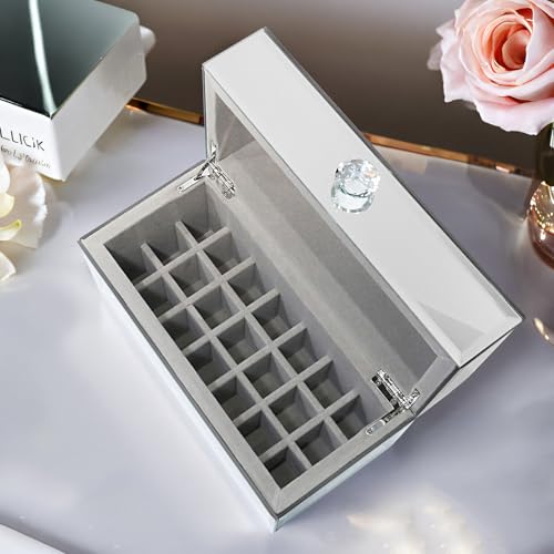 21-Slot Mirrored Lipstick Organizer, Rollerball Perfume Glass Storage box with Lid,Lip Gloss Storage for Vanity, Crushed Diamond Home Decor, 9.2''x 4.5'' x 5.15''