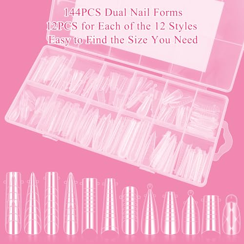 Nail Dual Forms for Poly Gel Set, 12 Styles 12 Sizes Nail Mold Extension Forms, 144Pcs Full Cover False Nail Tips, Duet System with 5pcs Nail Clips Nail Brush Nail Files Cuticle Trimmer