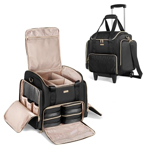 Rolling Makeup Case with 4 Removable Bags, Professional Makeup Train Case with Wheels, Makeup Artist Travel Bag with Brushes Storage Section, Black (Patent Design)