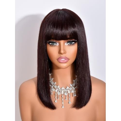Bob Wig Human Hair with Bangs 210% Density Dark Brown Bob Wig for Black Women 100% Human Hair Pre-Bleached Glueless Straight Wigs 14inch£¨Dark Brown£©