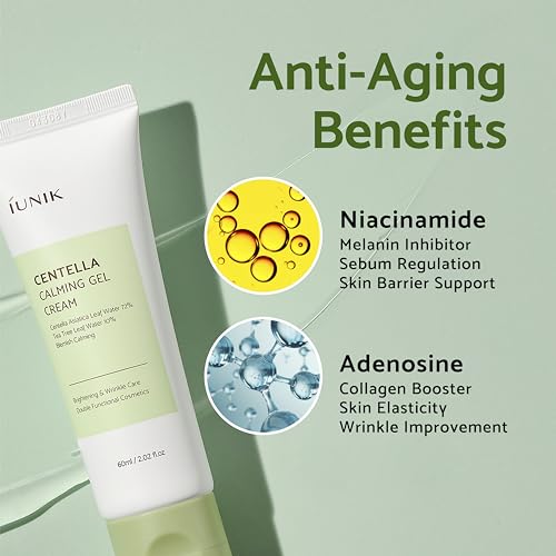 IUNIK Centella 70% Calming Gel Cream Vegan Non-Sticky Moisturizing Blemish Care w/Centella Asiatica Tea Tree 10% Soothes Acne Rosacea Oily & Sensitive Skin Korean Skincare BOGO 1+1