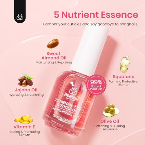 Beetles Cuticle Oil for Nail & Cuticle Care, 15ml Natural Rose Smell Oil with Vitamin E Nourish Condition Dry Stronger Nails SPA & Hand Manicure DIY Salon Needs Gifts for Her Women