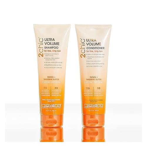 GIOVANNI 2chic Ultra-Volume Shampoo - Daily Volumizing Formula with Papaya & Tangerine Butter, Promotes Weightless Control for Fine Limp Thin Hair, No Parabens, Color Safe - 24 oz (Pack of 2)