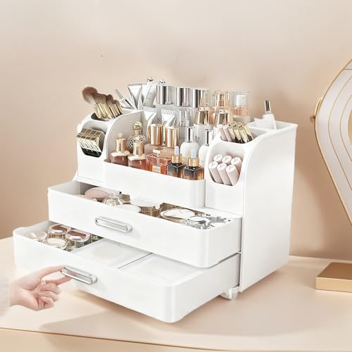 Makeup Organizer with 2 Drawers, Cosmetic Display Case, Storage Holder for Vanity, Bathroom Counter, Desk, Beauty Supplies (All White)