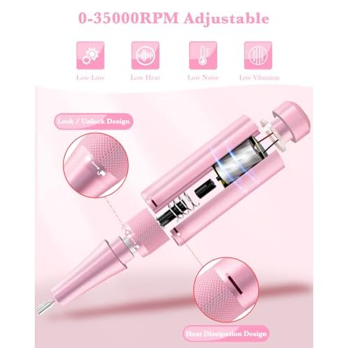 ENGERWALL Rechargeable Nail Drill 35,000 RPM, Portable Cordless Electric Nail File for Acrylic, Gel Nails, Polishing & Removal, with Nail Drill Bits Kit for Manicure & Pedicure, Pink-Blue