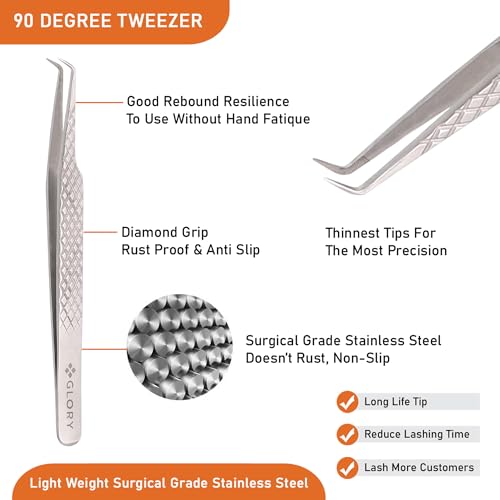 Glory 90 Degree Angle Lash Tweezers for Eyelash Extensions ? Precision Fiber Tip Diamond Grip Stainless Steel Lash Tool for Mega Volume Classic & Professional Lash Tech Supplies
