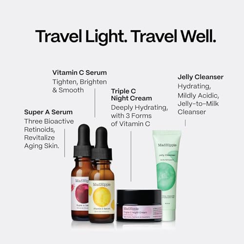 Mad Hippie Travel Essentials ??Vitamin C Serum, Triple C Night Cream, Super A Serum + Jelly Cleanser in a 100% Recycled Toiletries Bag, Cruelty-Free