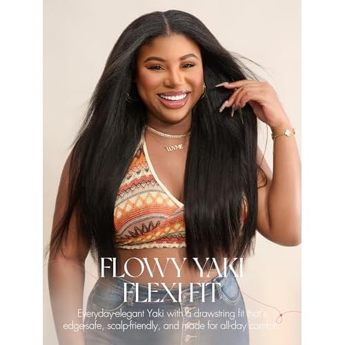 LUVME HAIR Half Wig Yaki Straight Flexi-Fit Invisi 3 in 1 Wigs Flip Drawstring Wig 200% Density Glueless Wigs 100% Human Hair Natural Black Ready to Go Headband Wig for Women 18 Inches