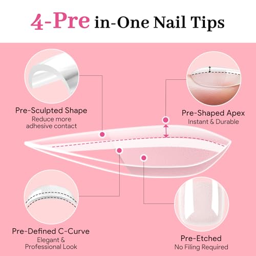 Medium Almond Pre-Building Nail Tips Kit, 15 Sizes 240 PCS Pre-shaped Apex Pink Thick Extensions Tip Soft Half Matte Press On Fake Nails Glue Gel Nail Lamp for DIY Beginners & Salon Manicure