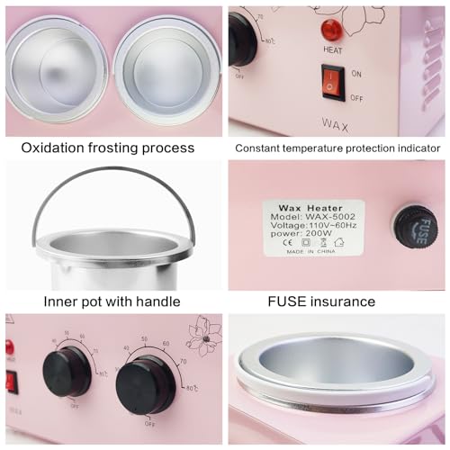 Portable Wax Warmer with Adjustable Temperature and 40 Wax Sticks - Painless Hair Removal for Women and Men (Pink-Double Pots)