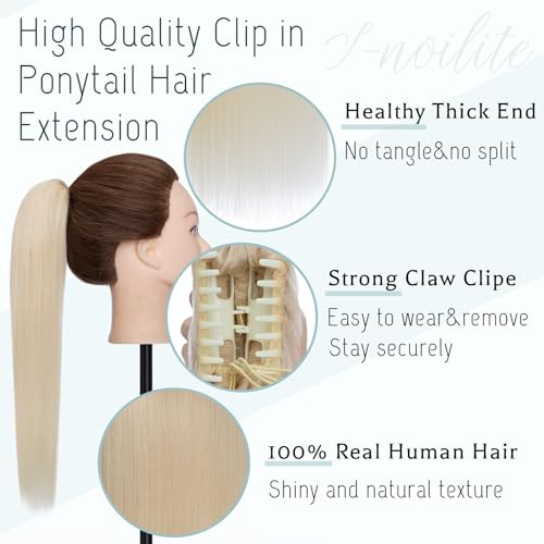S-noilite Claw Clip Ponytail Extension Human Hair #60 Platinum Blonde Real Remy Human Hair Ponytail Extension 20inch Long Straight Hair Pony Tails Hair Extensions For Women 120Grams