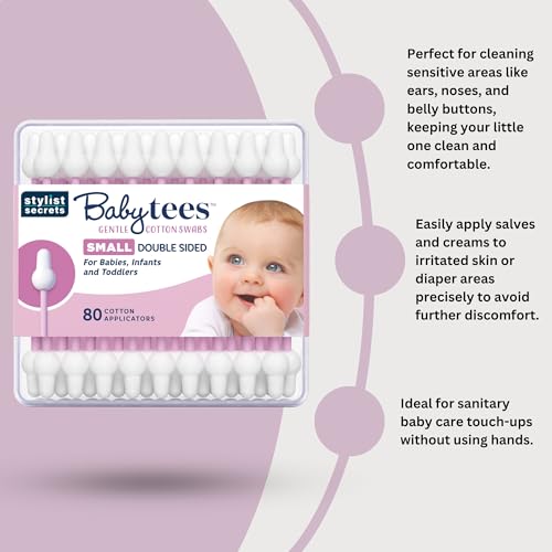Classic Baby Tees - Small Gentle Double Sided Swabs Designed for Little Ears - for Babies, Infants & Toddlers - Dual Sided Pointed Buds - 80 Cotton Tips - 3 Pack