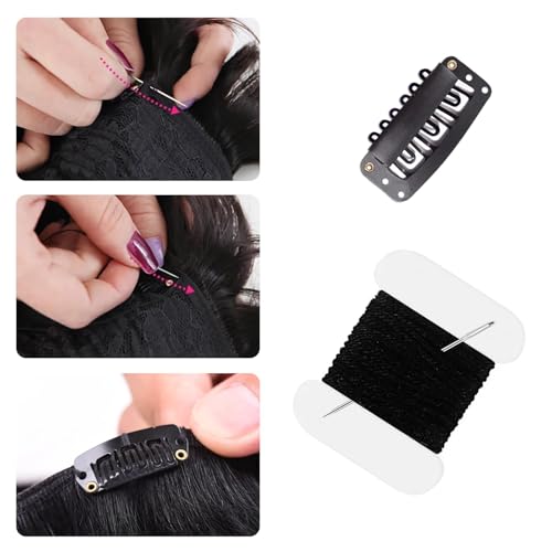 30 Pcs 32mm 6-Teeth U-Shape Wig Clips for Clip-in Hair Extensions, with DIY Needle and Thread Kit ? Snap Hair Clips for Hair Extensions Clip-ins (Black)