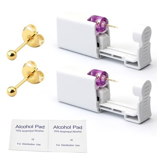 2 psc Ear Piercing Kit, Disposable ear piercing gun tool, pre-installed with gold 3mm pea earrings, at Home Self Piercing Kit (Little golden ball)