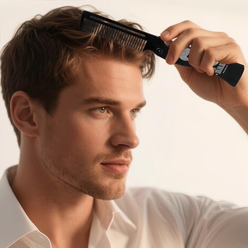 Metal Hair Styling & Beard & Mustache Folding Pocket Comb, Multifunctional EDC Grooming Tool With Bottle Opener - Anti-Static for Outdool Travel & Daily Grooming - Black