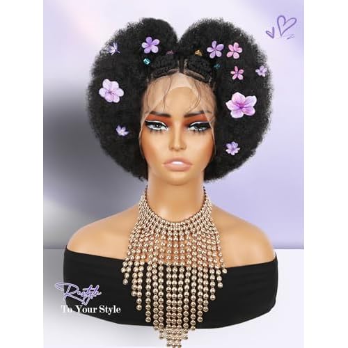 Fancy Hair Cornrow with Afro Puff Wig 13x4 HD Lace Front Zig Zag Sttiches Pre-Braided Pre Plucked Wig with Baby Hair for Black Women Transparenet Lace Frontal Natural Hairstyle