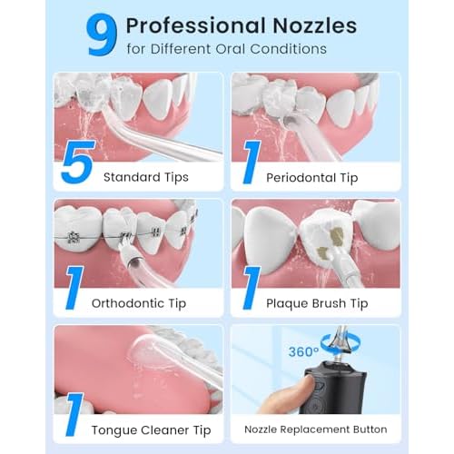 Water Flosser, Cordless Water Dental Flosser, 9 Jet Tips 5 Modes 300ML IPX7 Waterproof, Portable Rechargeable Oral Irrigator for Home Travel - Gums, Orthodontic, Braces Care - Black