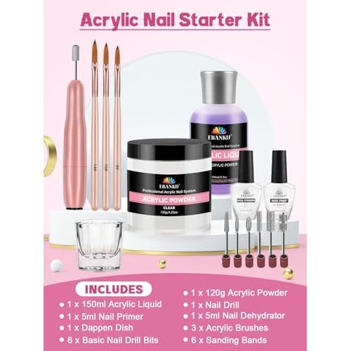 EBANKU Acrylic Nail Kit - 120g/4.23oz Acrylic Powder and 150ml Liquid Monomer Set With Brushes, Dappen Dish, Nail Primer Prep, 1 Set Drill Tools for Manicure, Nail Kit for Beginners