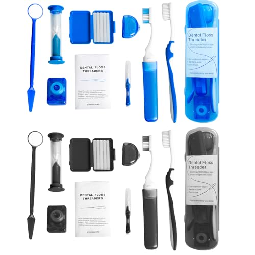 Wenge Portable Orthodontic Oral Care Kit - 2Pack - Travel Kit for Patients, Interdental Brushing Wax Floss Toothbrush Cleaning (Blue_Black)