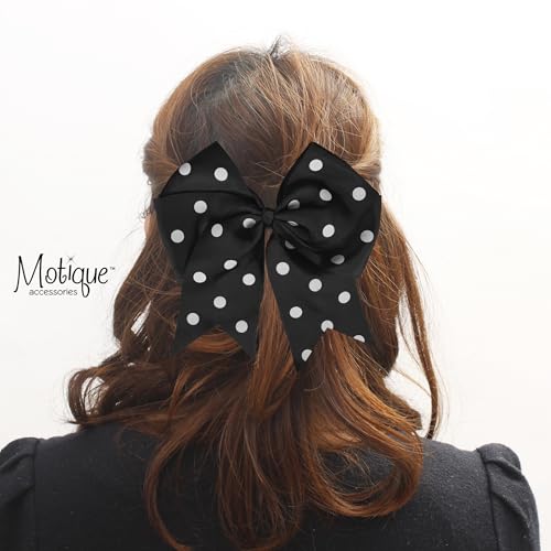 7.5 Inch Polka Dot Hair Bow with Tails Grosgrain Ribbon Hair Clip (Black)