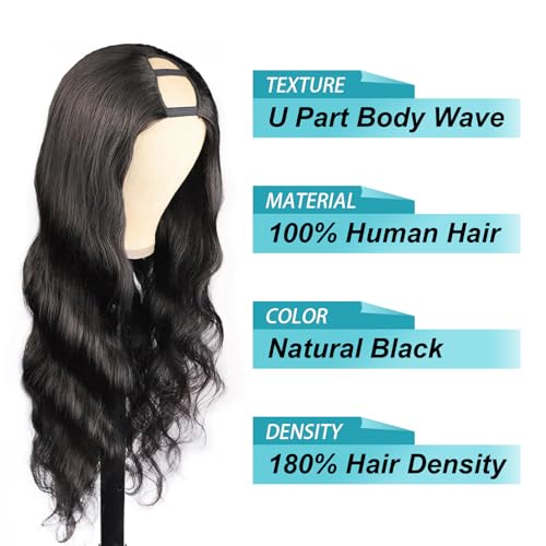EMOL U Part Human Hair Wig Body Wave 26 Inches Upart Wig for Black Women Long Wavy Brazilian Remy Human Hair Glueless Wigs Natural Black Breathable No Sew In Beginner Friendly