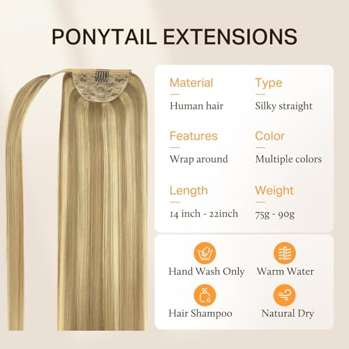 DOORES Human Hair Extensions Ponytail Extension Balayage Light Blonde Highlighted Golden Blonde 20 Inch 90g Clip in Hair Extensions Wrap Around Clip in Straight Ponytail Hair Piece with Magic Paste