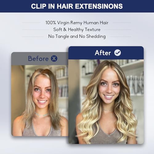 Blonde Clip in Hair Extensions, 26 Inch 130g, 8p613 Mixed Bleach Blonde, Invisible Seamless Straight Remy Blonde Hair Extensions Clip in 8pcs Per Set with Double Weft