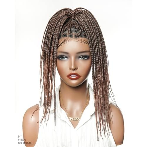 24" Pre-Bleached Human Hair Lace Base HD Full Lace Knotless Box Braided Wig ? Swiss Lace, Lightweight with Human Baby Hair, 100 Strands, Ombre Brown