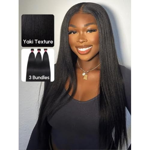 YIROO Yaki Straight Human Hair Weave 3 Bundles 12A Kinky Straight Double Wefts for Women Unprocessed Real Virgin Hair Sew In Human Hair Extensions Cllip In Light Yaki Natural Black Color 16 18 20Inch