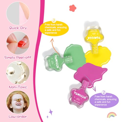 TOMICCA Kids Nail Polish - Quick Dry Non-Toxic Nail Polish Set 10 Colors, Peel Off Water Based Rainbow Nail Polish, Kids Natural Safe Nail Polish for Toddler Teen DIY Nail Art