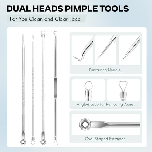 FEITA Blackhead Remover Pimple Popper Tool Kit, Comedone Pimple Extractor Acne Tools for Face Nose, Stainless Acne Needle Zit Popping Removal Facials Tool, Silver 4Pcs