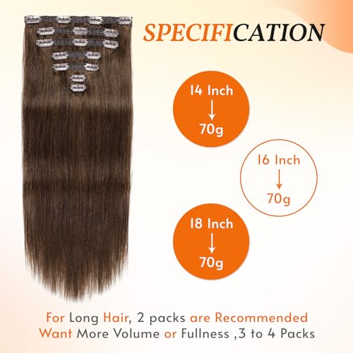 Clip in Hair Extensions Real Human Hair 14 inch, 7Pcs/70g Human Hair Clip in Extensions, Seamless Clip in Hair Extensions Human Hair #4 Chotolate Brown, 14 Inch