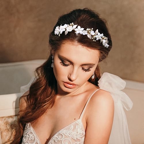 Oriamour Wedding Headbands With Ceramic Flowers Bridal Wedding Headpieces For Women Girls Pearls Headband With Leaves Desgin (Gold)
